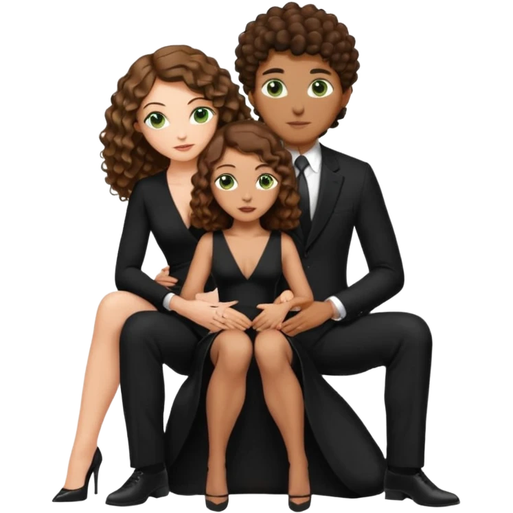 Sensual woman green eyes brown long curly hair evil occult,with 7 inch platform stripper high heels long low cut black dress, holding a tan man, sitting on a buzz cut hair brownman’s pimp lap, holdingwomans butt man is wearing a black suit emoji