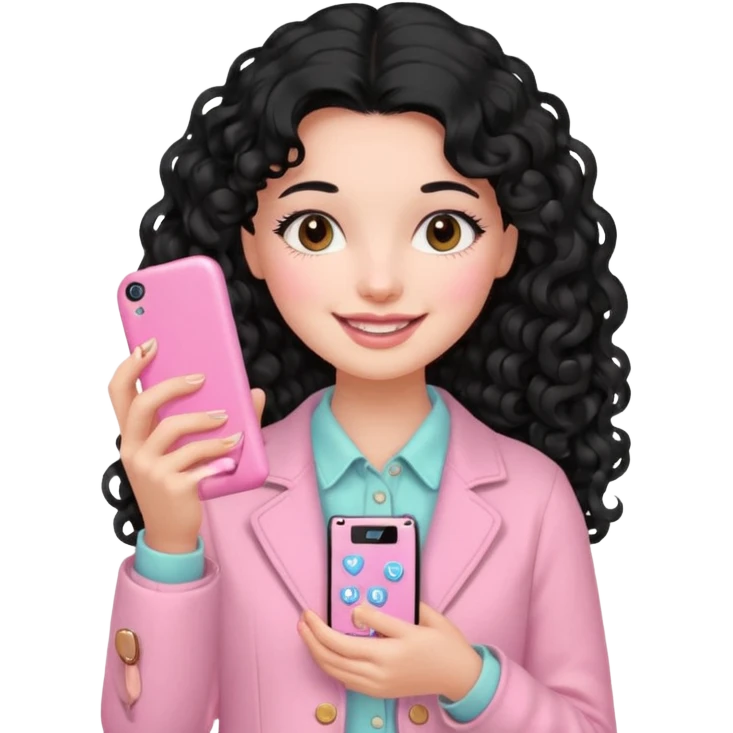 Girl with long curly black hair and vintage pastel pink clothing Holding a pink cell phone emoji