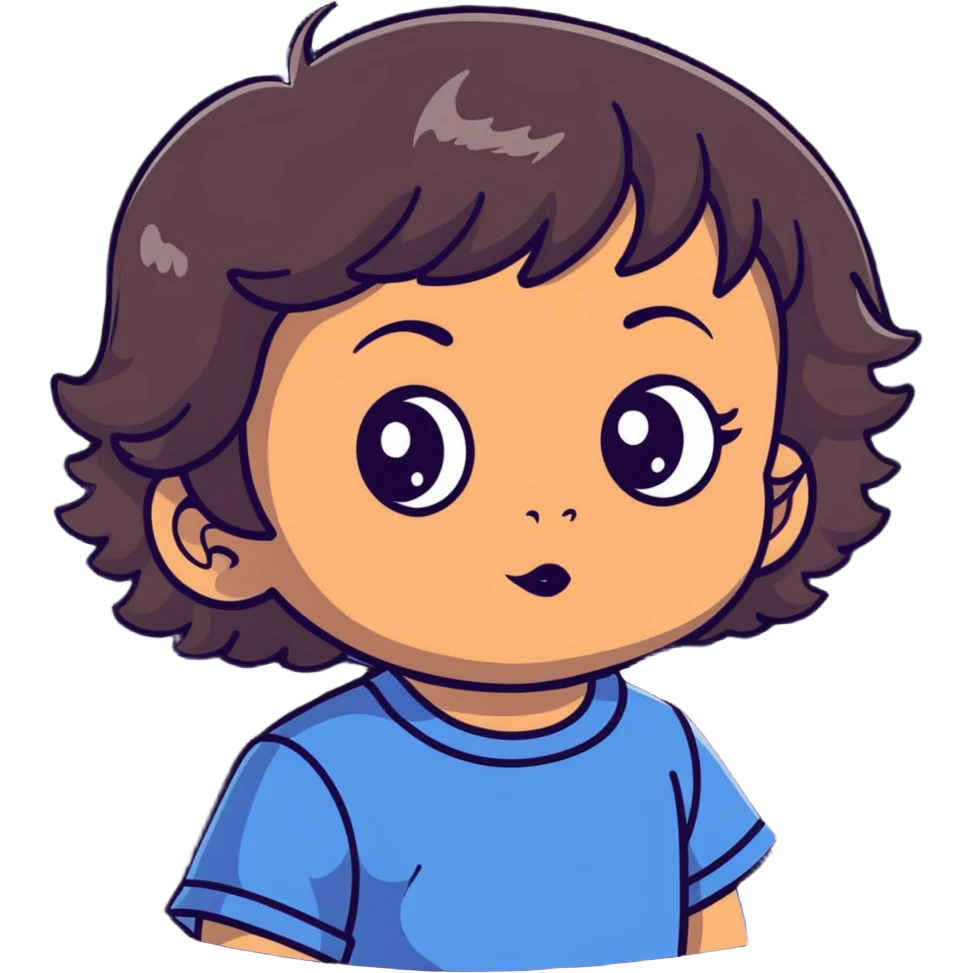toddler face with big eyes, medium skin tone, and dark wavy hair emoji