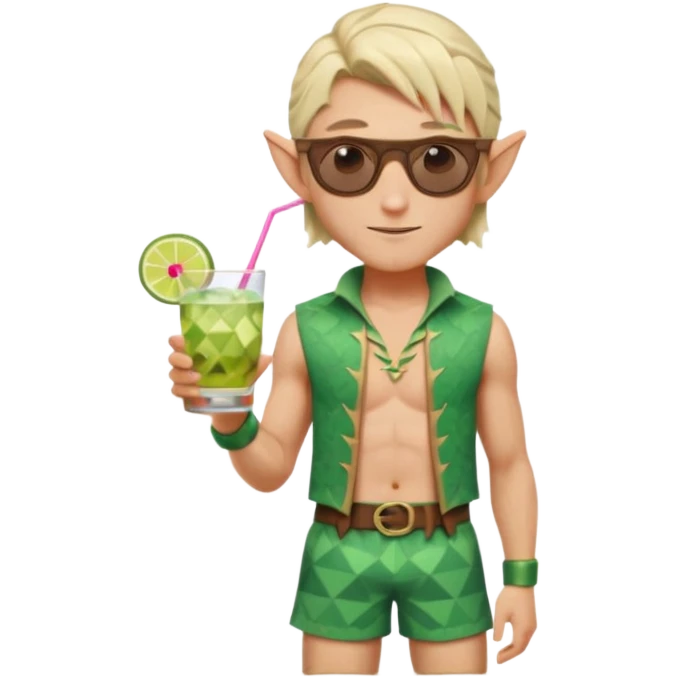 elf male legolas portrait, patterned board shorts (geometric/abstract), unique wooden-framed sunglasses, undercut hairstyle, slight smirk, visible pointy ears, no background, centered emoji, hipster summer vibe coctails emoji