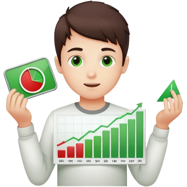 a boy showing financial reports, positive green ascending chart in one hand and negative red emoji