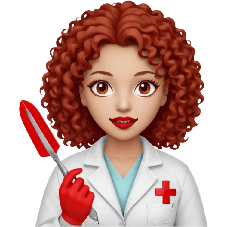 0Scary woman scalpel in hand, evil surgeon sexy surgeon clothes.  She has red eyes. Her  brown long curly hair. Wears sexy doctor outfit with red gloves. make her hair free and brown but she  wear mouth cover   to hide. Wears white surgeon jacket and  only   death long , long beown hair  emoji