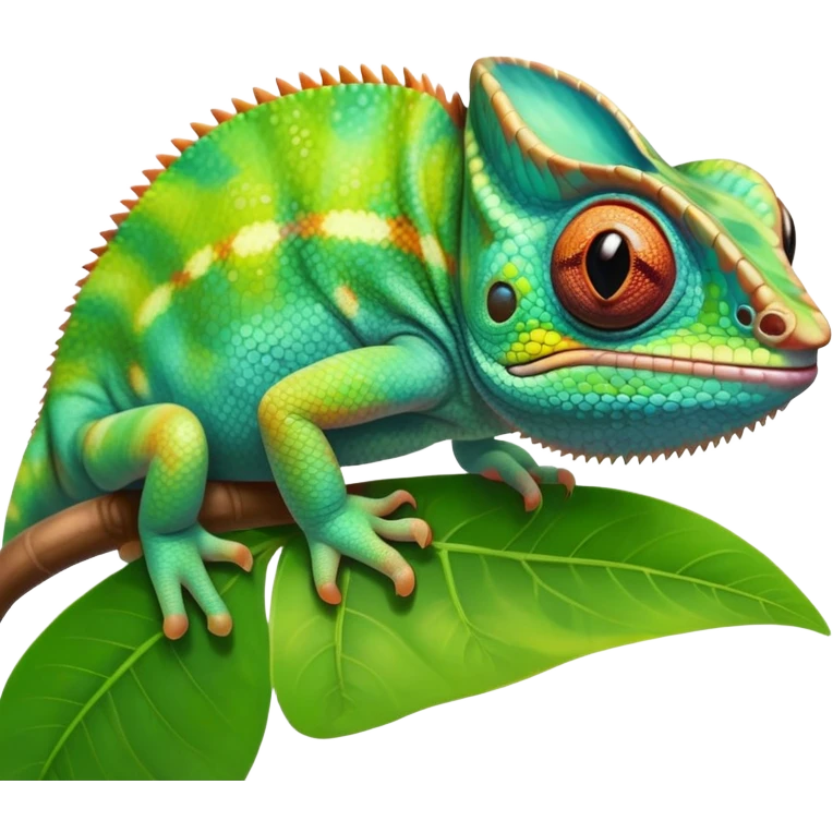cinematic cute-smiling baby chameleon-realistic emoji,-blending-with-vibrant-greenery.-detailed-scales-in-shifting-colors,-showing-the-chameleon’s-ability-to-camouflage.-soft-natural-light-highlights-its-texture.-light-background, zoomed into its face emoji
