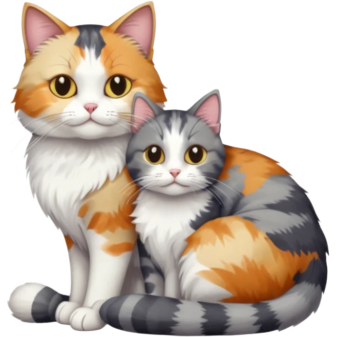 full body colourful light patched calico + white tabby cat cuddling a grey and white cat  emoji