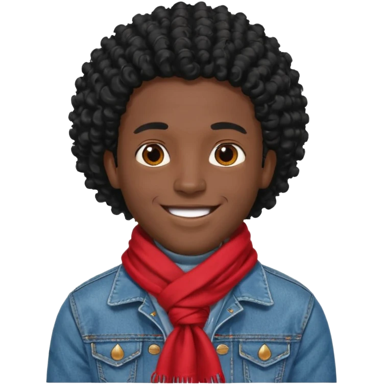 black skin man, curly black hair wear red scraft, jean jacket emoji
