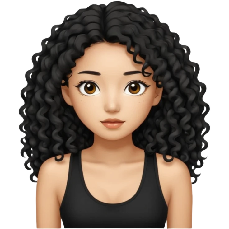 Korean woman with black cute long curly hair  with a black top tank with long lashes emoji