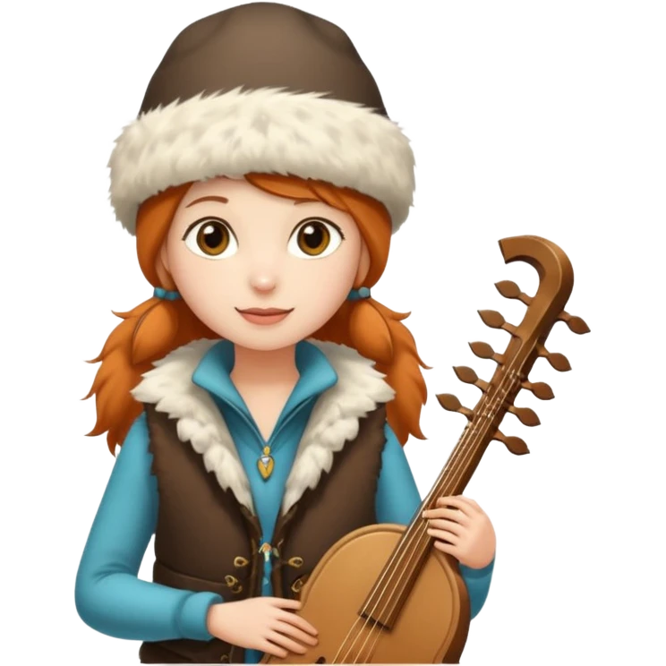 "Girl 👩🏻‍🦱 in fur hat 👒🦊 and vest 🧥, standing in snow ❄️🌲, holding a Bashkir dombyra 🎶 (long-necked two-string folk instrument). Emoji style." emoji