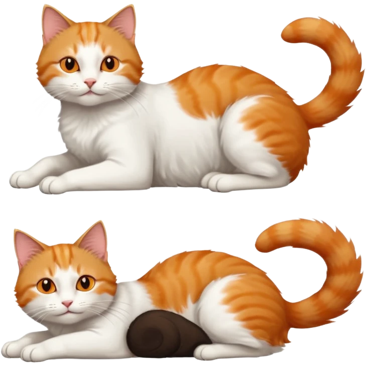 ginger and white cat with orange eyes doing a big extremely long stretch reaching up into the air with arms and legs side by side together straight and overextended whilst lying on its side emoji