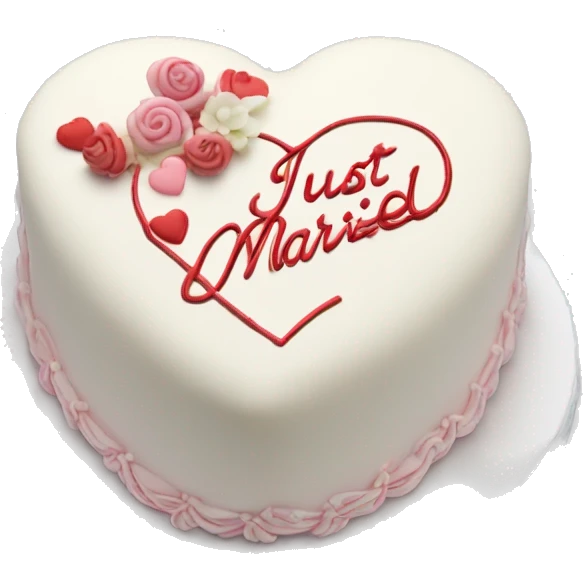 Cute heart shaped cake all cream white with “just married” in cursive on top  emoji