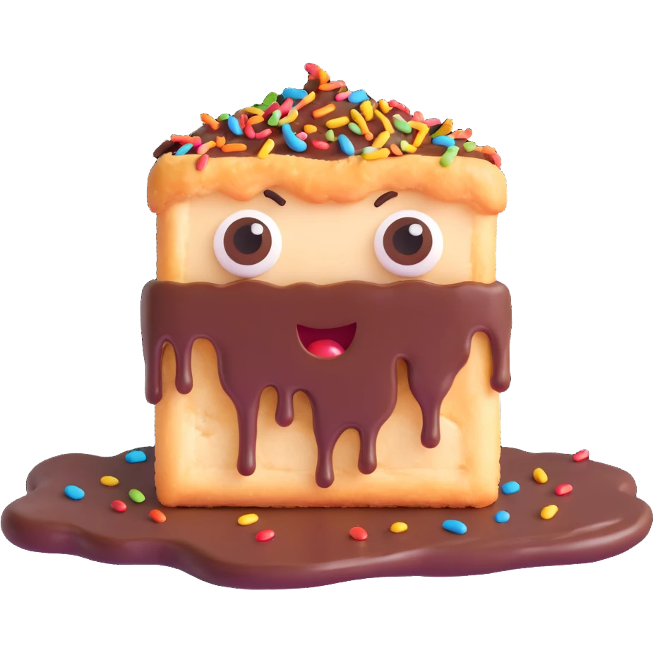 Rectangular chocolate mini pastry, messy chocolate dripping, sprinkles flying, surprised eyes, open mouth, text above: "ПАСТИЧКА", chibi style, Twitch emoji style, transparent background, colorful
 emoji