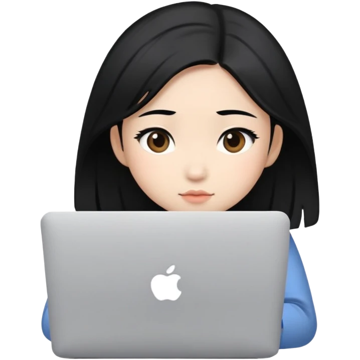 Asian girl with black hair sitting and watching a MacBook laptop emoji