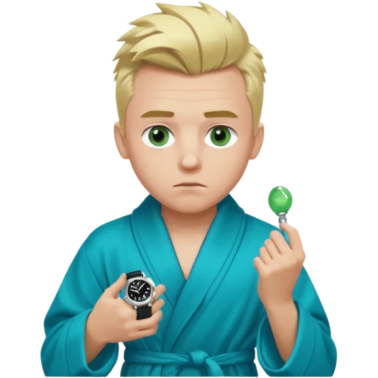 A white man with green eyes, medium-length blond hair in a low mohawk, wearing a blue Cartier watch on his wrist and a luxurious black and white bathrobe, appearing to be about 14 years old, with messy hair and a white pacifier in his mouth. emoji
