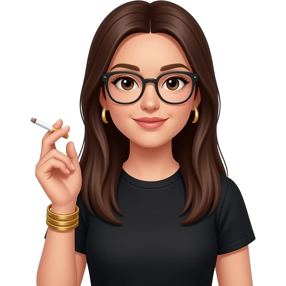 very long dark brown straight hair, glasses, marketing, recruiting, gold bracelets and gold earrings, in black tshirt, holding cigarette emoji