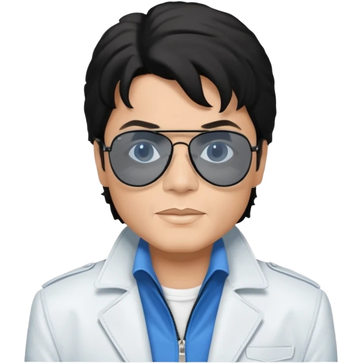 Michael Jackson is white, wearing completely black smokey Ray-Ban glasses, a white jacket, and a blue shirt. emoji