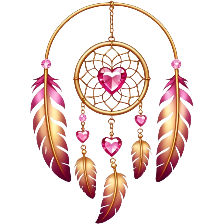 Reddish-pinkish and golden warm-colored romantic lush beautiful pretty hanging crystal-catcher aesthetic with hearts and sparkles and feathers emoji