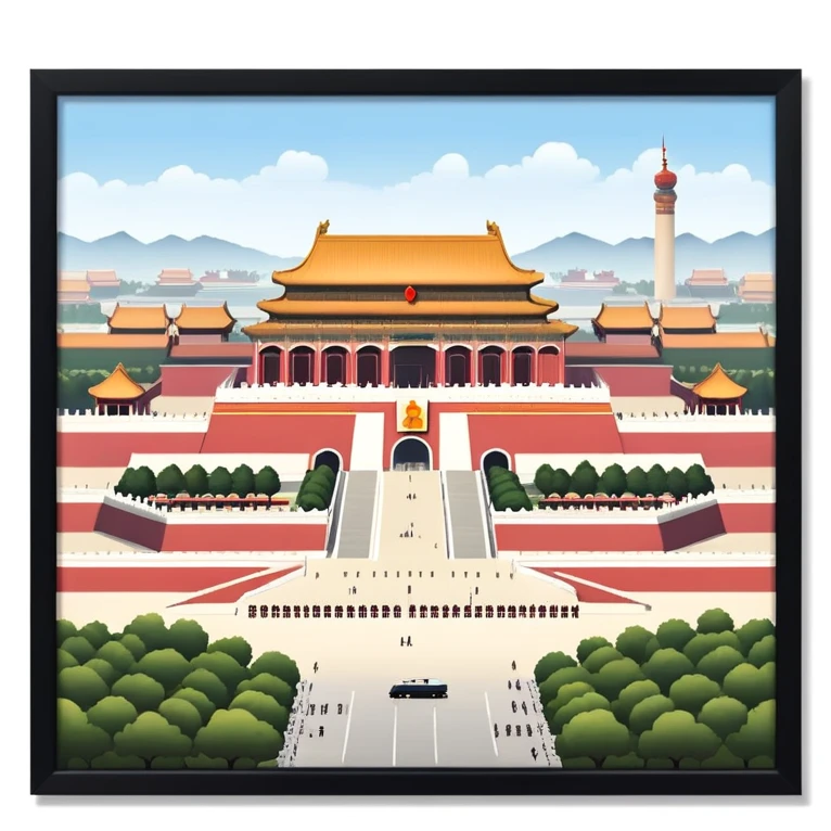 Tiananmen Square, Beijing, Chinese architecture, sunny day, travel illustration emoji