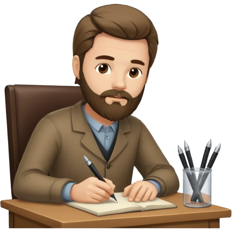 un escritor con barba y cabello medio largo, escribiendo emoji