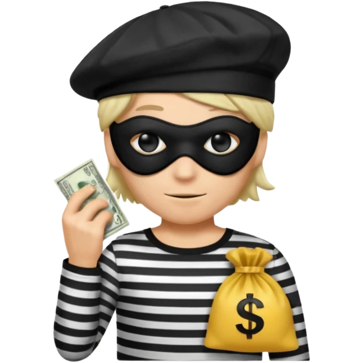 a short ios emoji-style portrait of a classic burglar, a black eye mask (looks like a blindfold) and a black-and-white striped shirt. emoji-like hair, black hat, ONE bag of money 💰 with a dollar sign in a right corner emoji