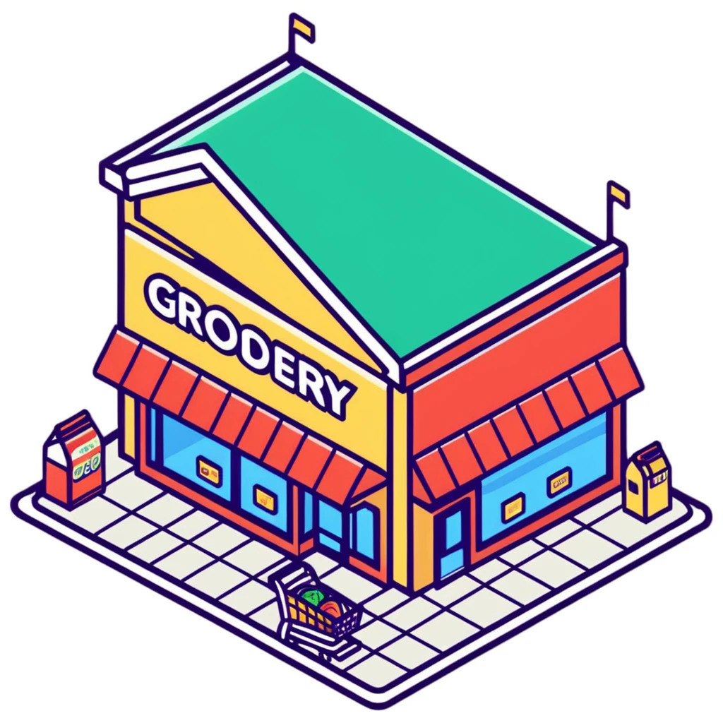 Isometric grocery store with shoppers, food shelves, and checkout area emoji