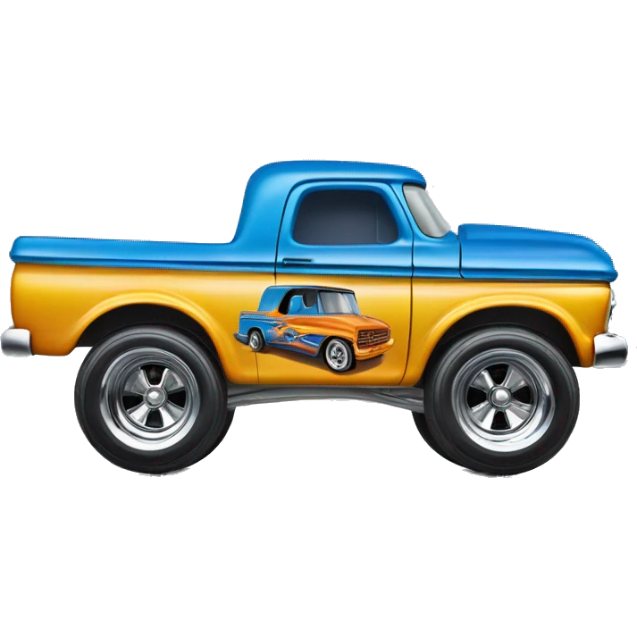 Side shot, Hot wheels, Hot rod, large panel truck, 1964 with exposed chrome exhaust pipes, blue, large wheels in back small front wheels  emoji