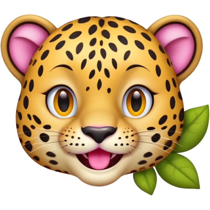 A leopard with big smile. A pink flower with a yellow center is tucked behind its right ear, no tongue
 emoji