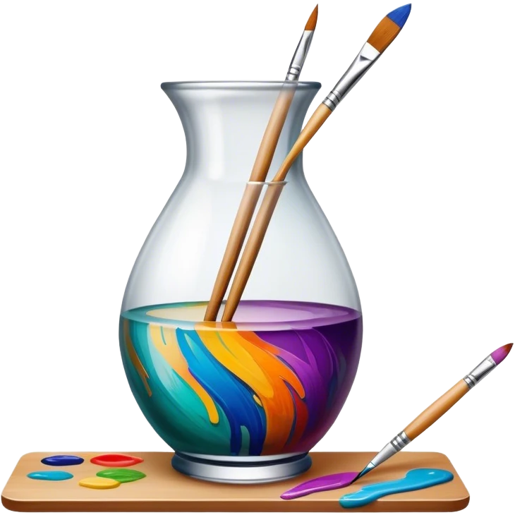 Glass painting icon, colorful brushstrokes on a glass vase, intricate painted patterns on the surface, visible fine paintbrush and palette beside it, no liquid inside the vase, minimalistic style, clean lines, transparent background. emoji