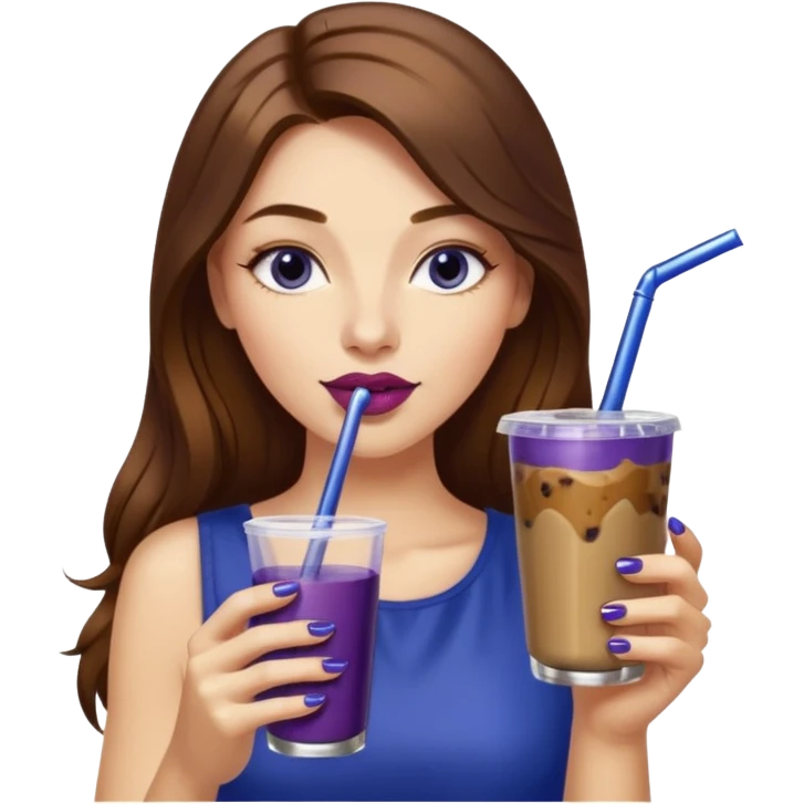 girl with long brown hair, wine lipstick, gold nail polish, drinking a blueberry butter pecan iced coffee with a metallic straw  emoji