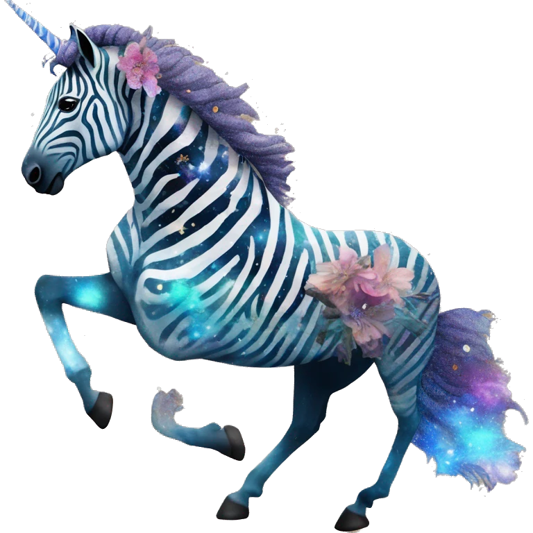 Ethereal zebra newspaper cutting flowers graffiti magazine collage glittering iridescent rich chestnut brown blue mane horse galloping through constellations and nebulas, unicorn Pegasus emoji