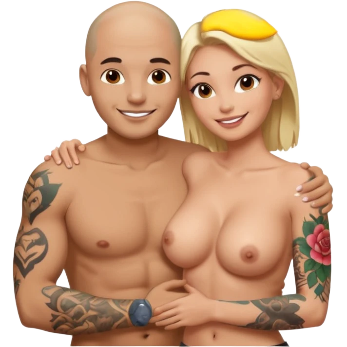 throuple tattooed sleeves bbald male with topless naked big boobed brunette and topless naked big boobed blonde girlfriends  loving  and sexy polygamy naughty  emoji