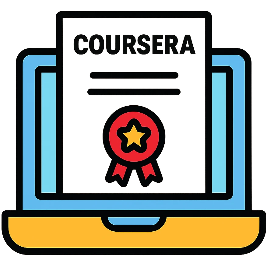 Online learning laptop with Coursera certificate emoji