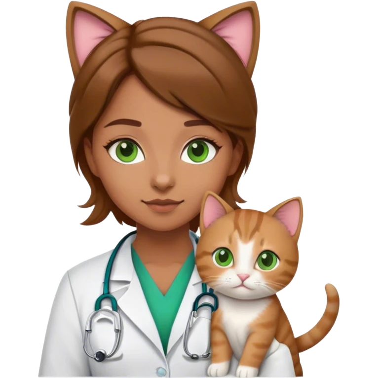 doctor girl medium light brown hair green eyes in a doctor suit and a cute kitty emoji