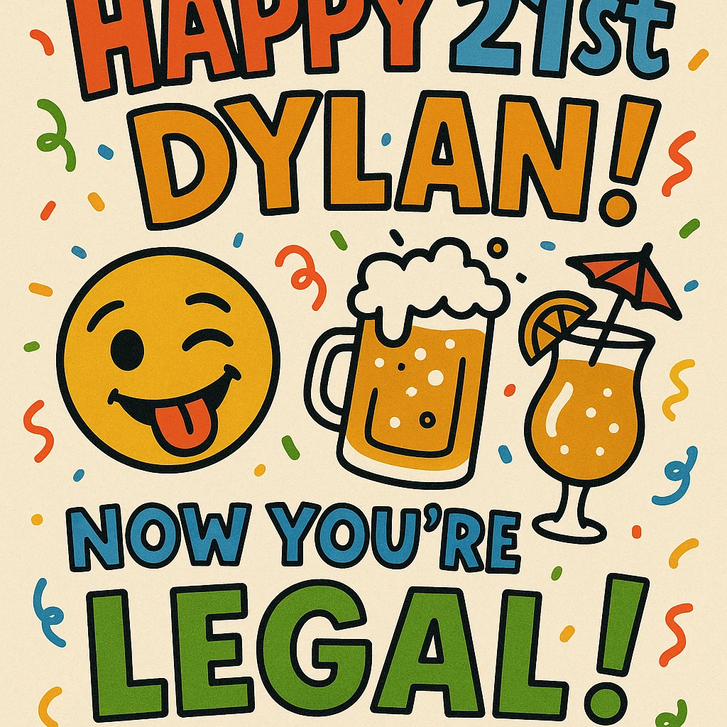 Funny 21st birthday card for Dylan featuring a tipsy emoji, overflowing drinks, headline 'Happy 21st Dylan!', confetti, bold playful fonts, and a joke about finally being legal. emoji