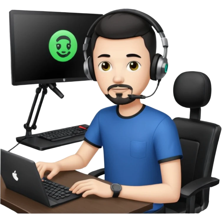 a setup of a youtuber, white skin, thin goatee, black short hair, with a desktop pc on a table, a gaming chair, microphone, white ring light emoji