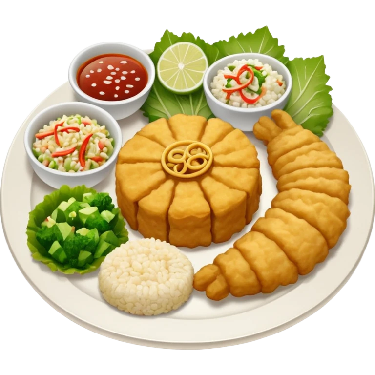 Plato redondo con filete de cerdo empanizado estilo tempura, dorado y crujiente acompañado de arroz blanco y ensalada fresca con vegetales emoji