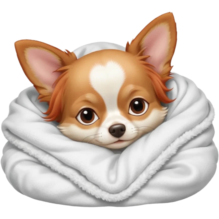 Long haired chihuahua, beige/redhaired, pale head, with white chest and white socks, head without white, sleeping cutely under blanket emoji