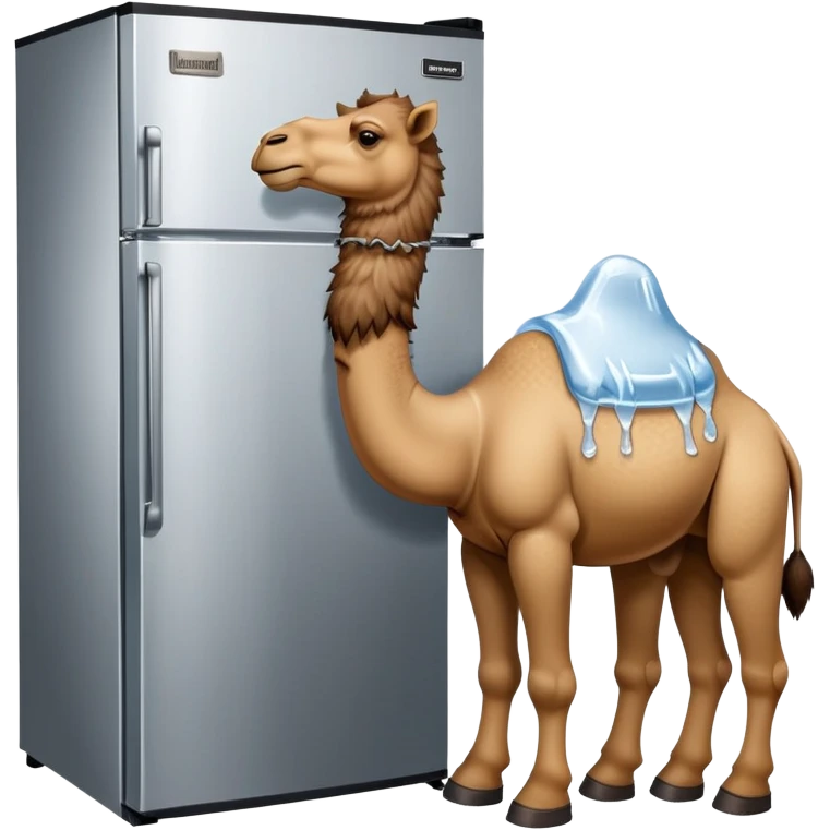 A desert camel head and neck attached to a stainless steel refrigerator body with ice dispenser, wearing classic Timberland-style work boots emoji