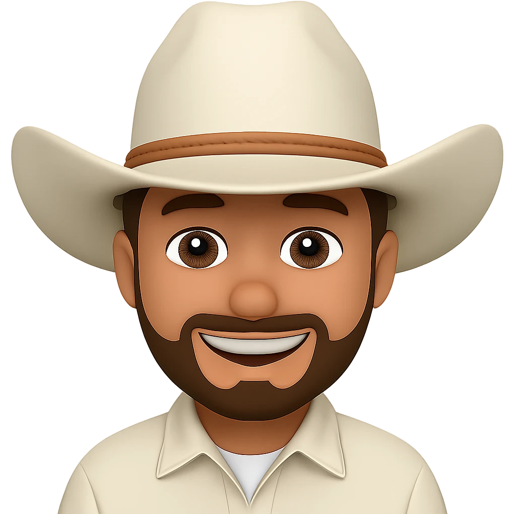 Edit the image to depict a man with a brunette goatee, tanned skin, wearing a white cowboy hat, smiling, in the style of emoji. Remove the background completely. emoji