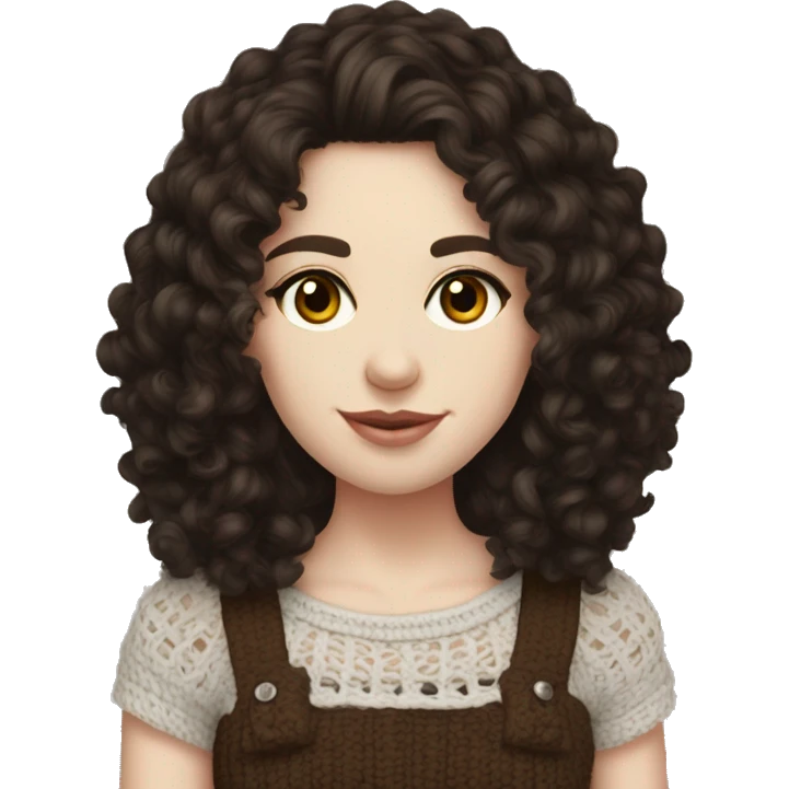 pale skin and dark brown eyes young adult with dark curly hair , crocheting a top  emoji