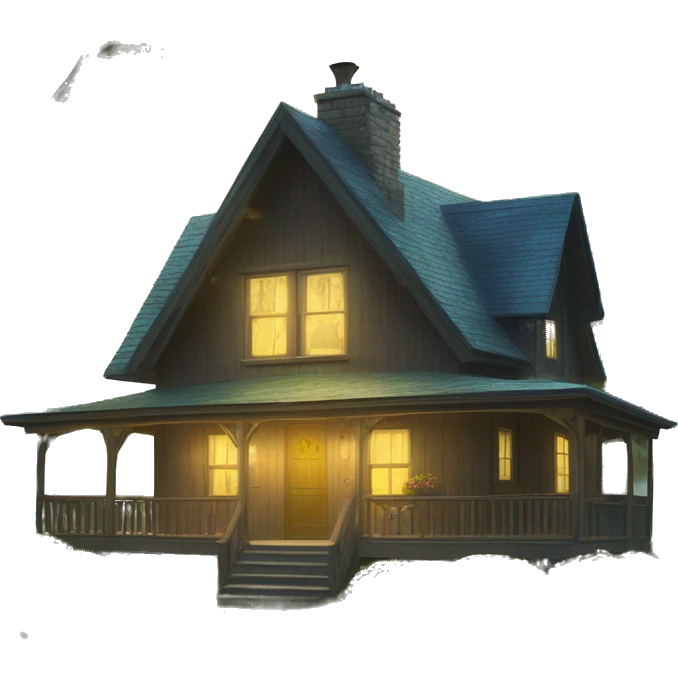  very very big Cabin near a big tree.  Thick moss growing on the roofs. grass fields. porch lights turned off. bright white interior lights turned on. guests sitting in chairs on the porch, flowers and bushes are yellow and blue. emoji
