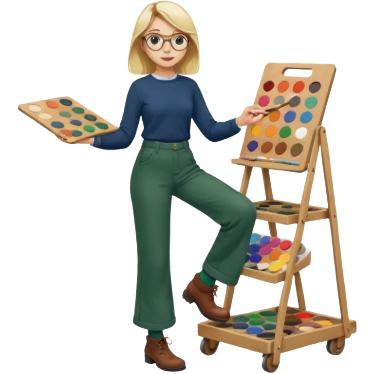 Fille blonde, pantalon ample vert foncé. Lunettes ronde fine. Bottines marrons. Elle pousse une palette remplie de chaussettes  emoji