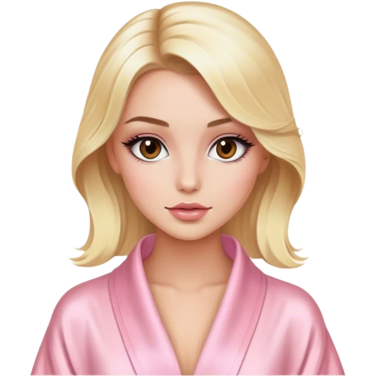 blonde model with brown eyes, luxury makeup, light pink silk robe emoji
