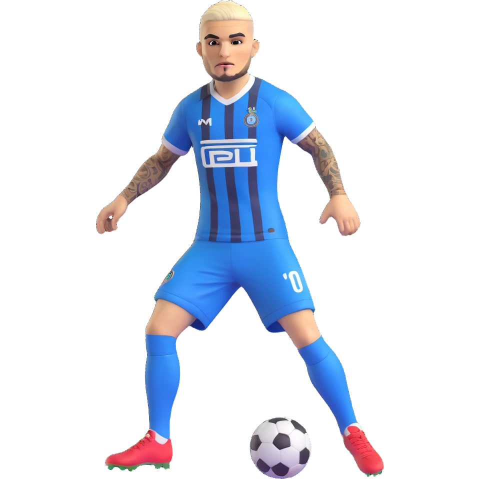 Mauro Icardi football player in a dynamic pose wearing a football jersey expressive energetic no text emoji