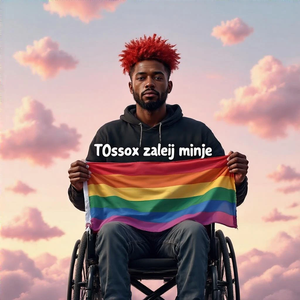 Black man with red hair sitting on wheelchair holding lgbt flag holding text "T0ssox zalej mnie" pink clouds around, pink sky with pink back light emoji