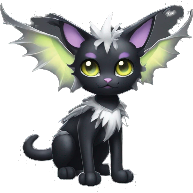 Shiny Cool Punk Black beautiful fantasy Kawaii Ethereal Sona Fakemon-cat-animal with edgy bat-wings-ears Full Body emoji