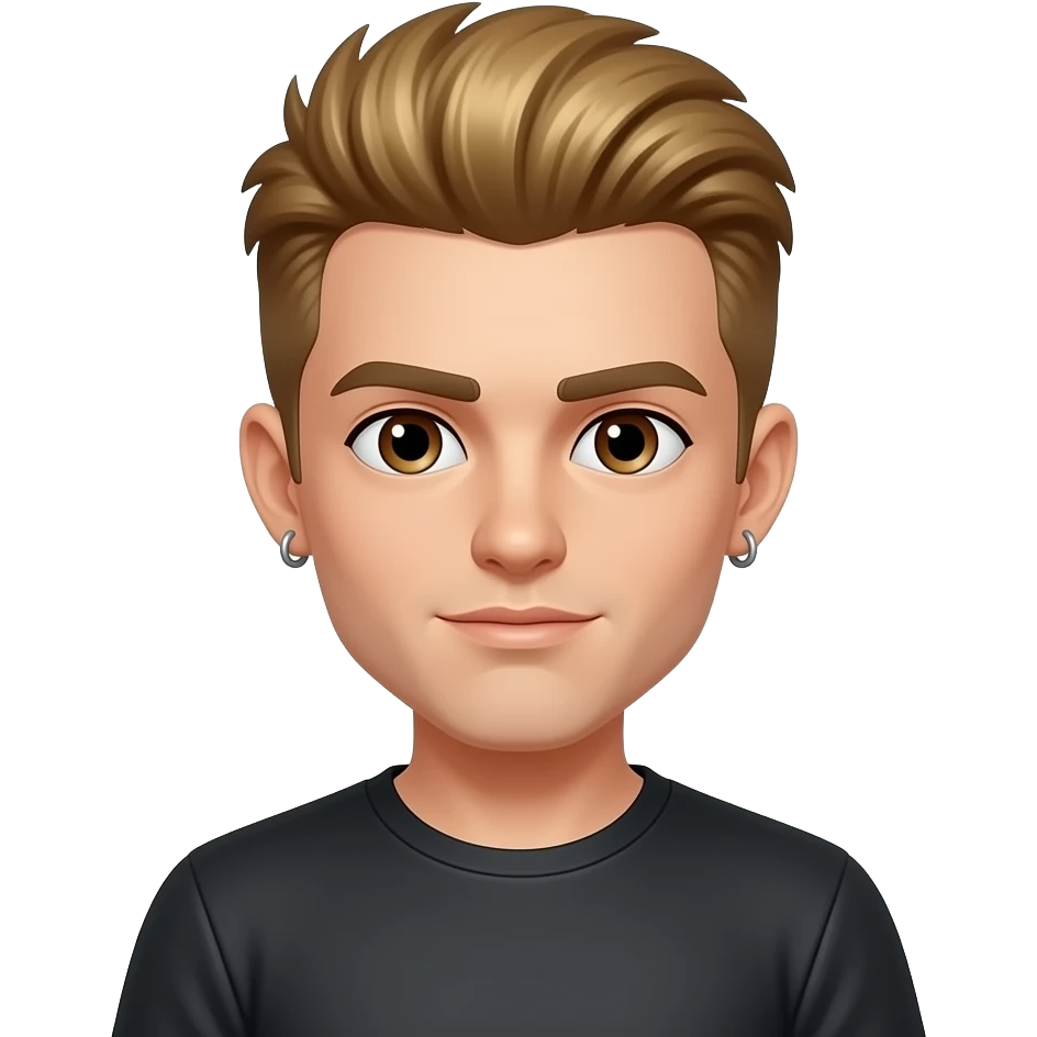 8-BitRyan with brown eyes, golden brown faux hawk hair, black metallic t-shirt, earrings emoji