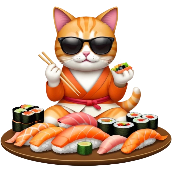cool cat wearing sunglasses eating a big pile of colorful sushi pieces, stylish cat enjoying sushi emoji