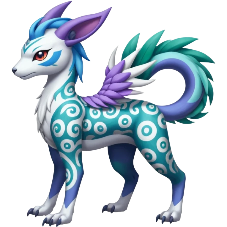 Tropical Tiny Marked Patterned Tribal Colorful Skilled Adept Graceful Asian Painted Garurumon-Meloetta-Absol-Suicune-Cobalion-fusion-hybrid-creature (full body) emoji
