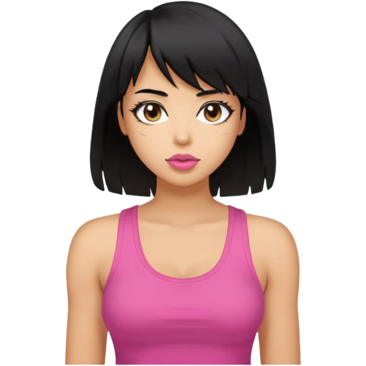 Tan skin woman emoji, full breasts, wearing a tank top, sideways bangs, shoulder-length black hair a little messy, almond eyes pink lips emoji