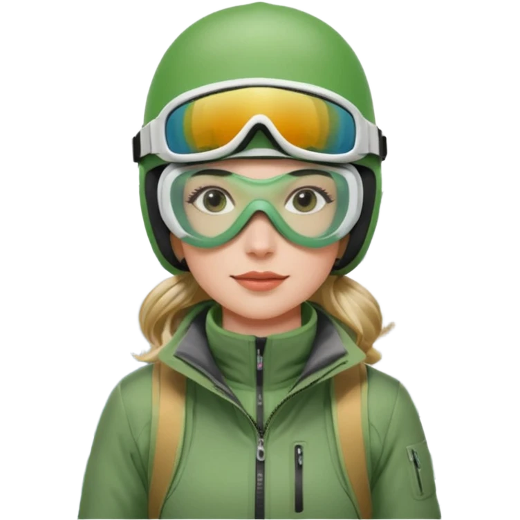 Woman, skiing, White helmet, rosa goggles Green Jacket, green trousers, background Matterhorn emoji