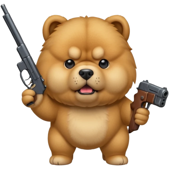Funny cartoon-style chow chow dog with light fur standing on its hind legs and holding a gun menacingly emoji